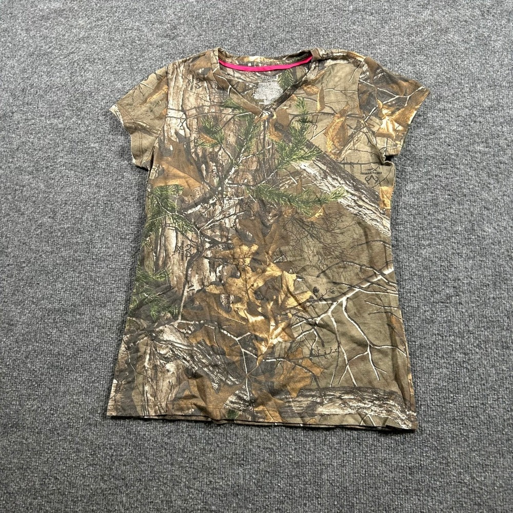 Realtree T-Shirt Womens Size M Brown Camouflage V-Neck Short Sleeve Outdoor Top